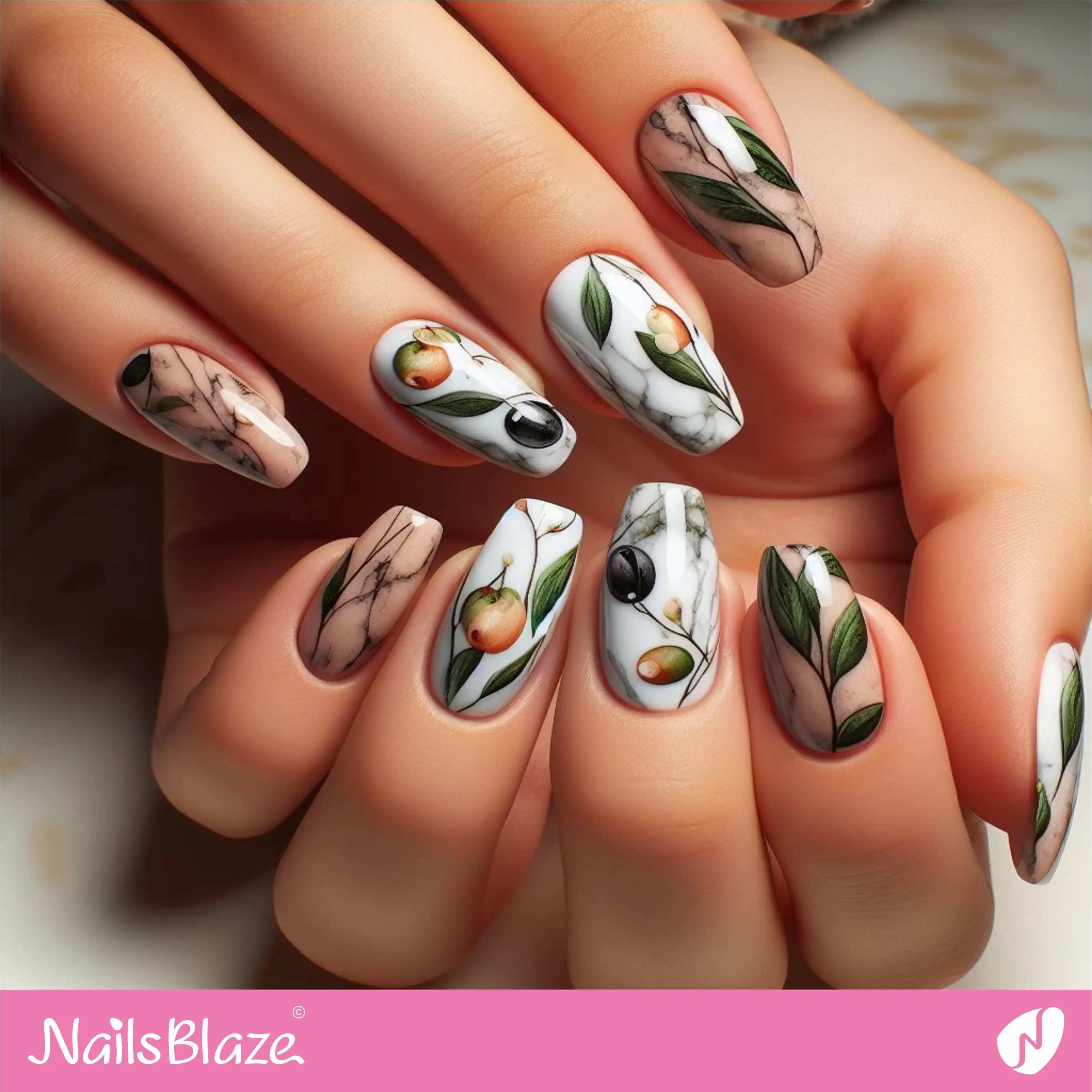 Marble Olive Leaves Nail Design | Nature-inspired Nails - NB1614